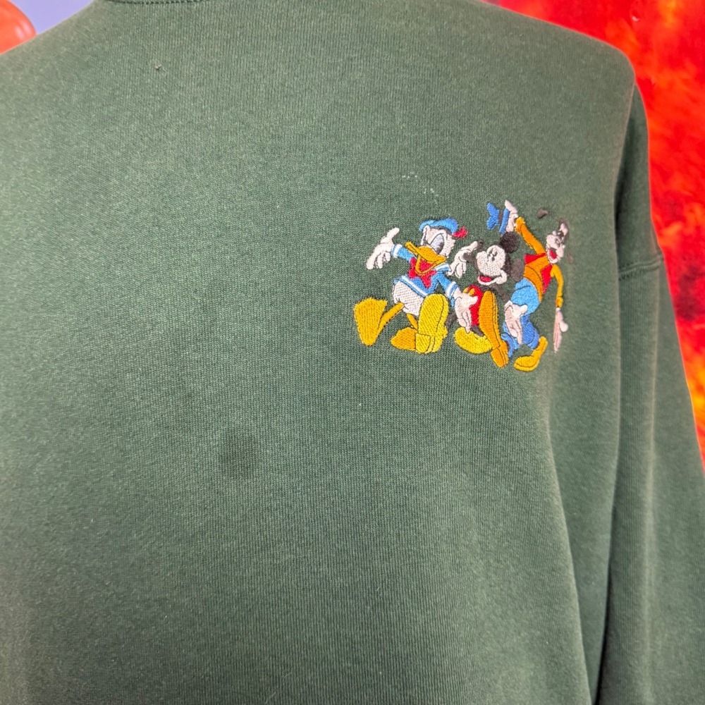 Vintage‎ 90s Disney Mickey Donald Goofy Embroidered Green Sweatshirt Sz 2XL - Picture 2 of 5